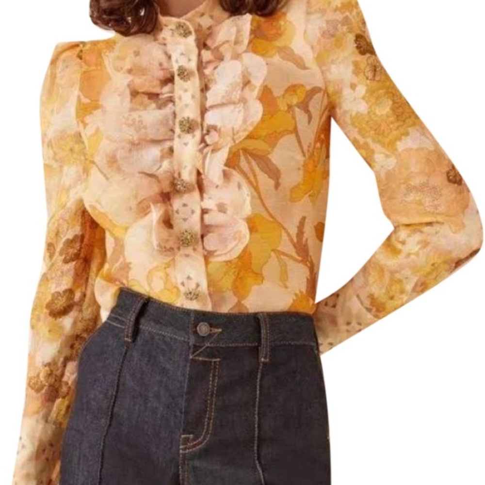Zimmermann Tempo Scalloped Shirt Gold Mixed Print Silk Blouse (Firm PRICE)